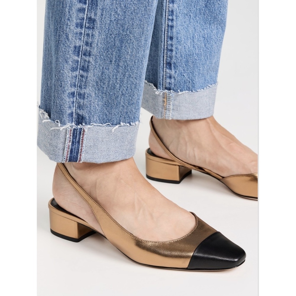 Veronica Beard Cecile Slingback Shoes Women's 7 Bronze‎ Black Leather Cap-Toe